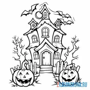 Распечатать раскраску хэллоуин дом с летучими мышами на А4