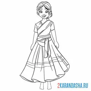Распечатать раскраску индийский национальный костюм женский на А4
