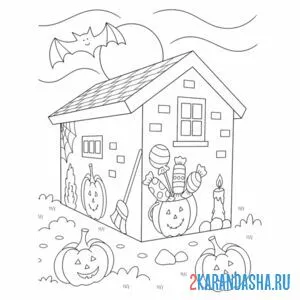 Распечатать раскраску хэллоуин дом и тыквы на А4