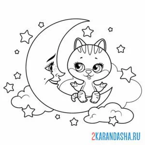 Распечатать раскраску котик на луне на А4