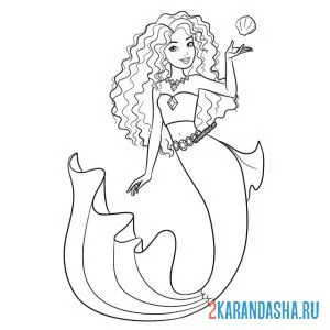 Раскраска барби-русалка с длинными густыми волосами онлайн