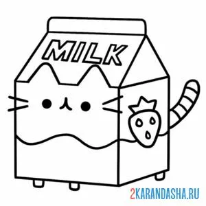 Распечатать раскраску каваи кото-молоко на А4