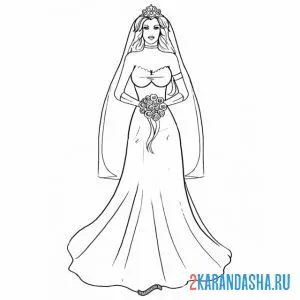 Распечатать раскраску невеста в свадебное платье на А4