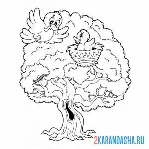 Раскраска птичка кормит птенца на дереве онлайн