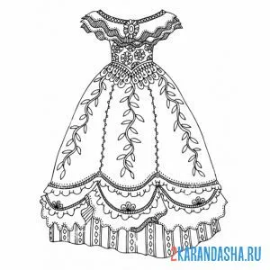 Раскраска пышное платье с узорами онлайн