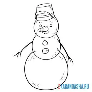 Распечатать раскраску снежный снеговик с ведром на голове на А4