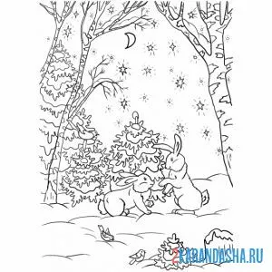 Распечатать раскраску зайцы в зимнем лесу на А4