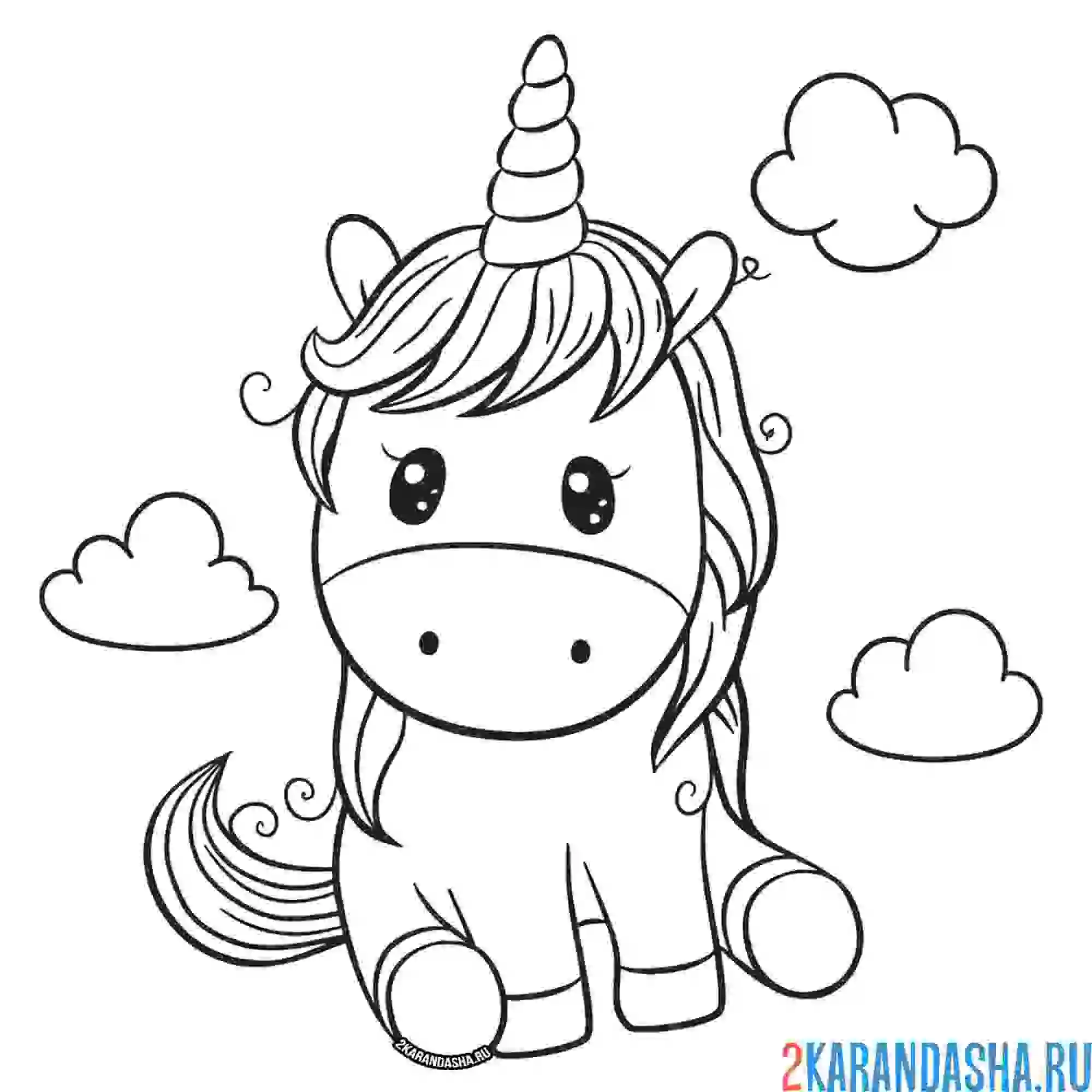 Раскраска милый единорог в облаках