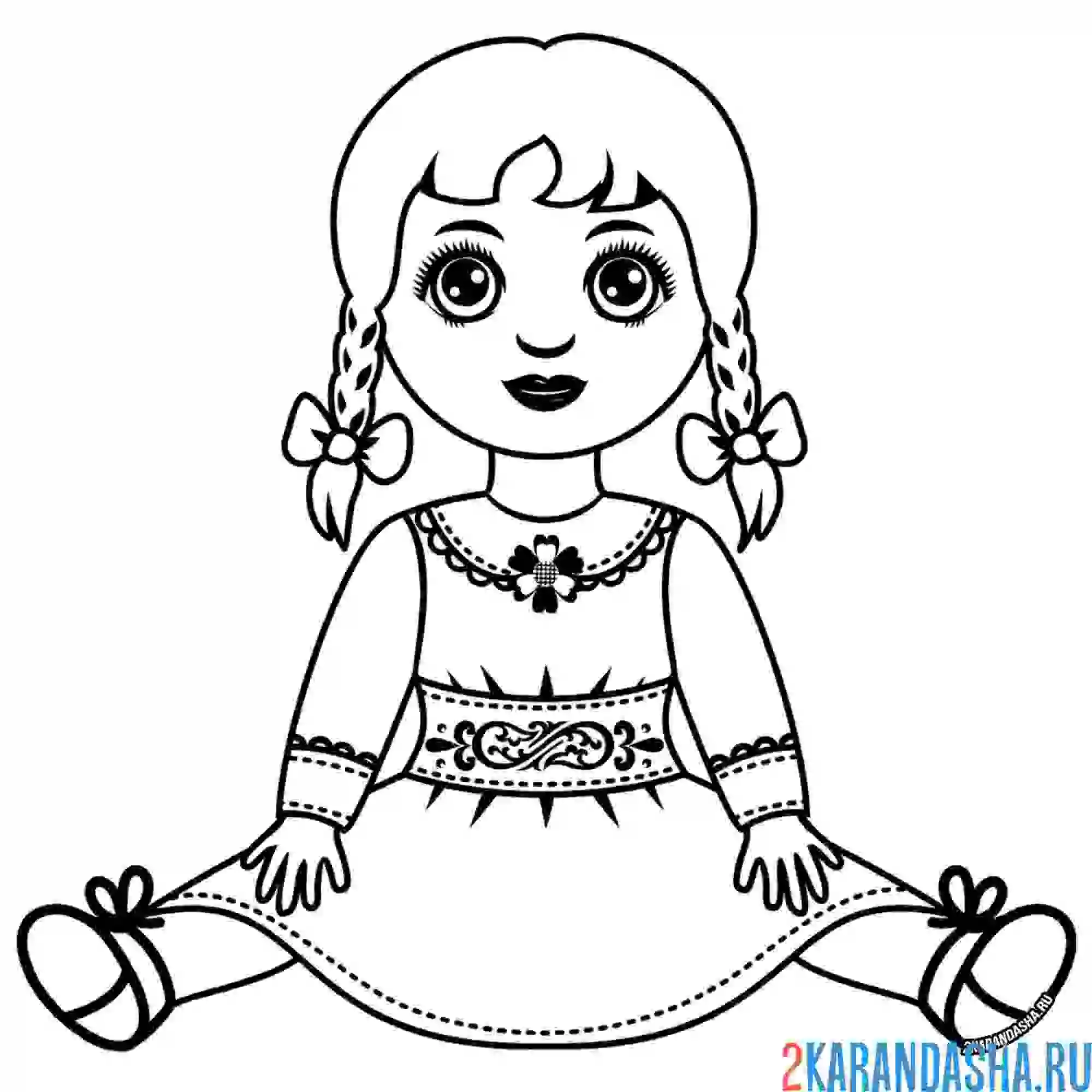 Раскраска кукла с двумя косичками