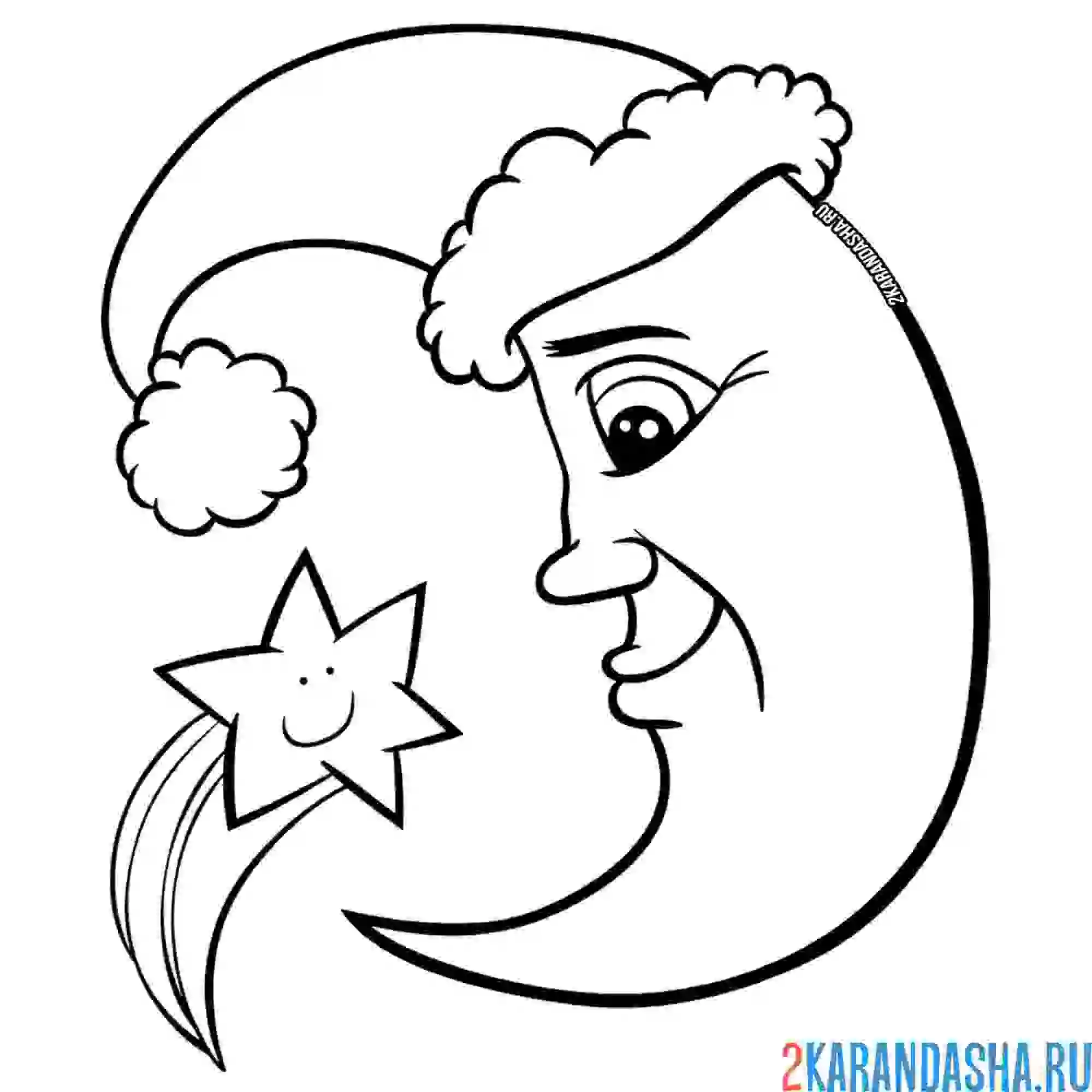 Раскраска луна в новогодней шапке