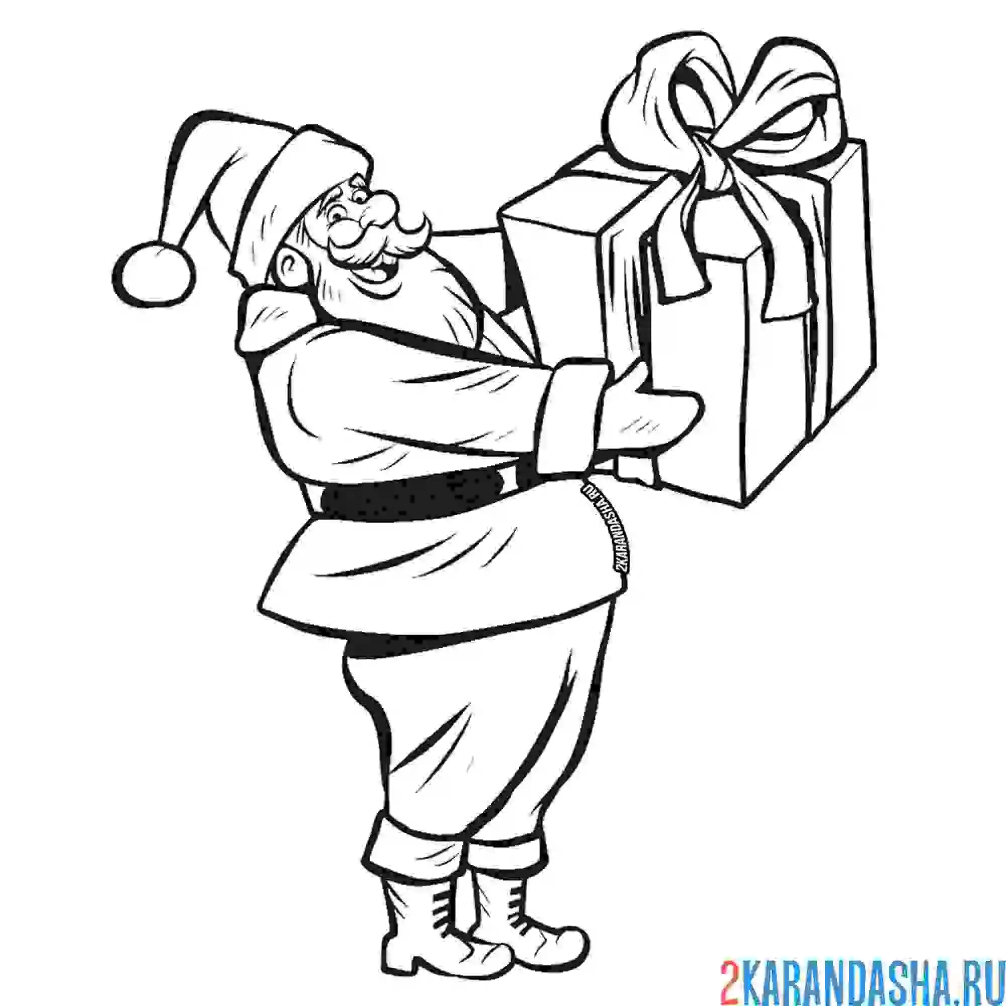 Раскраска санта-клаус с большим подарком