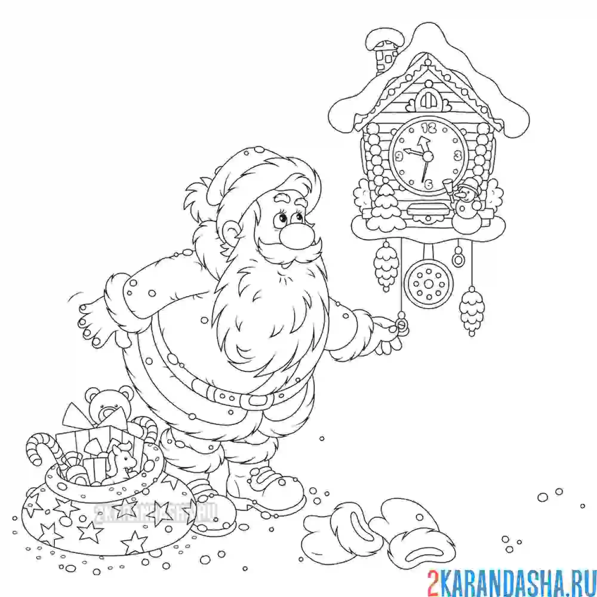 Раскраска дед мороз около часов
