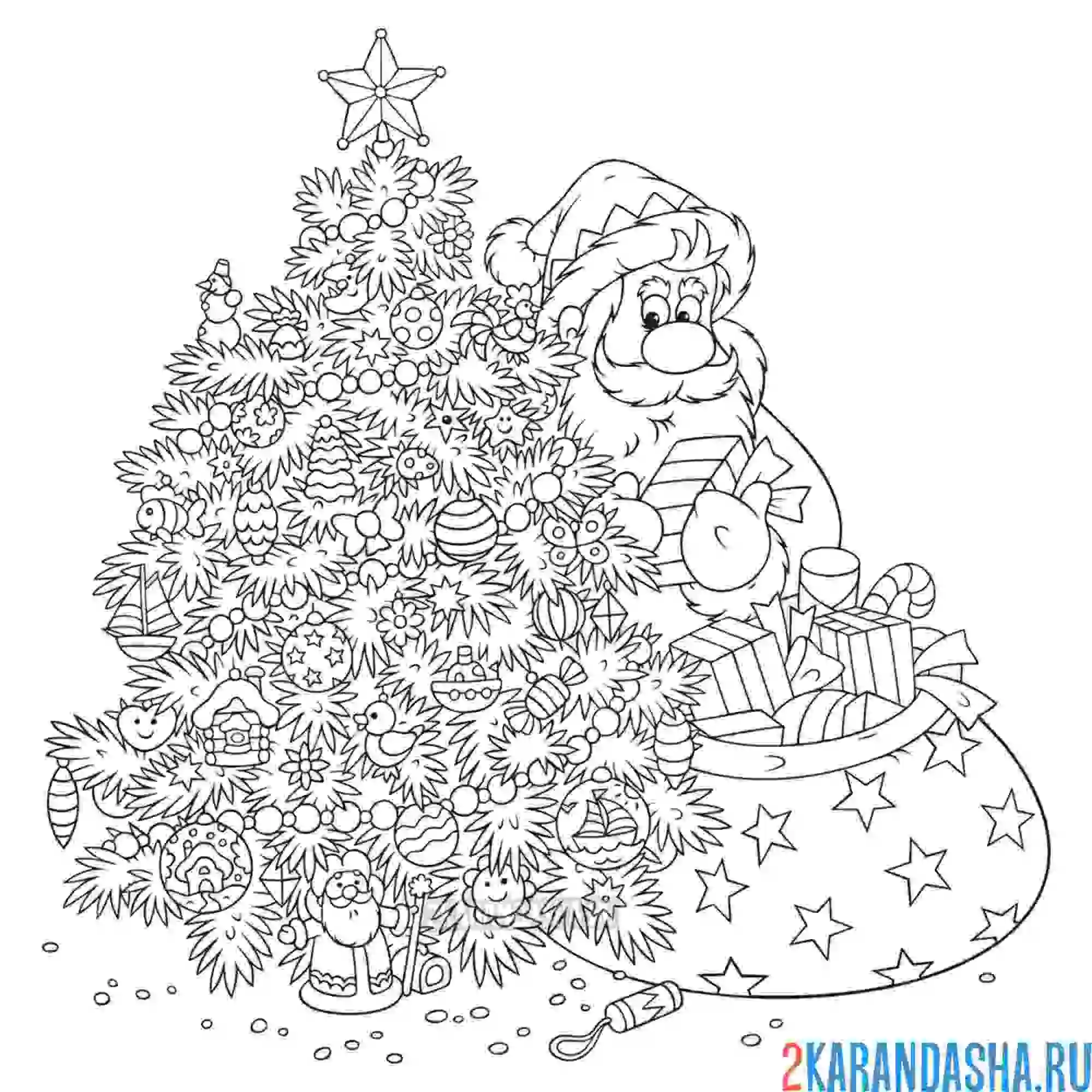 Раскраска дед мороз за елкой с подарками