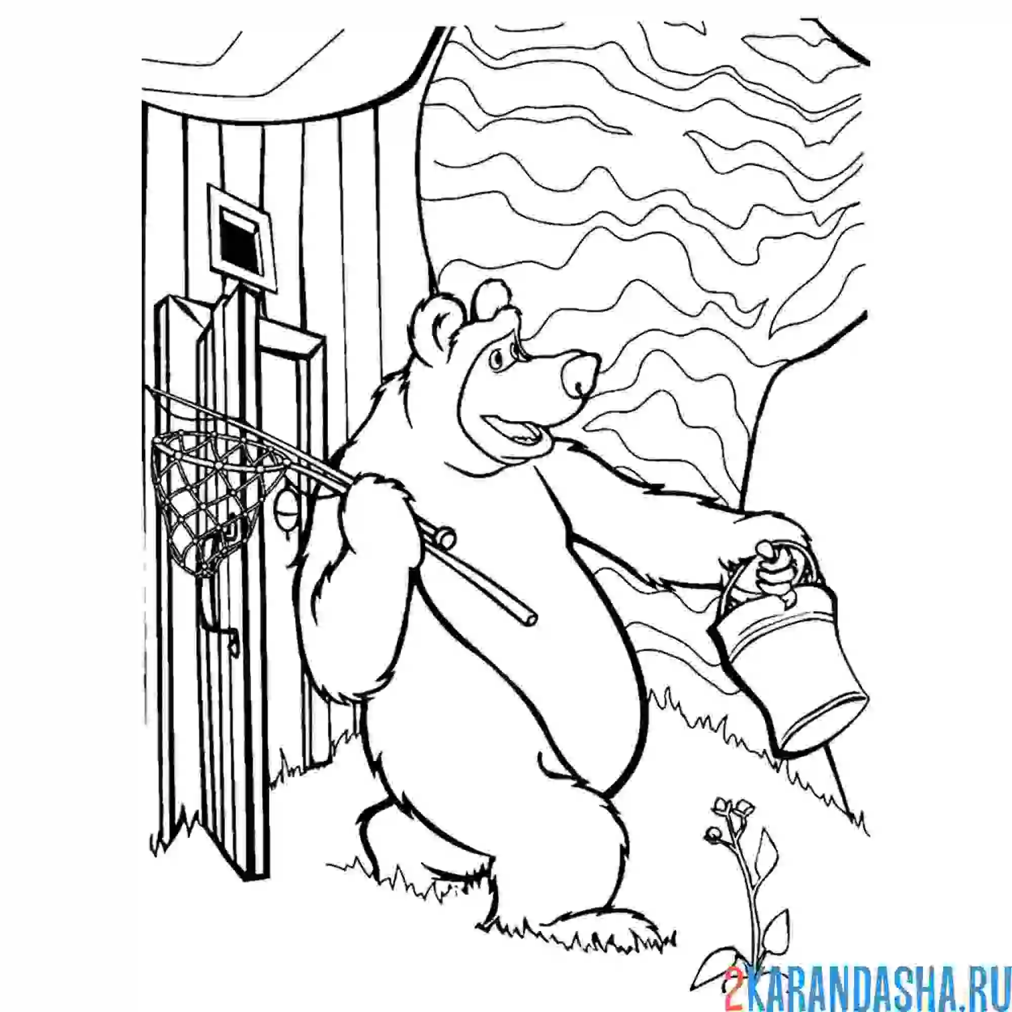 Раскраска мишка идет на рыбалку