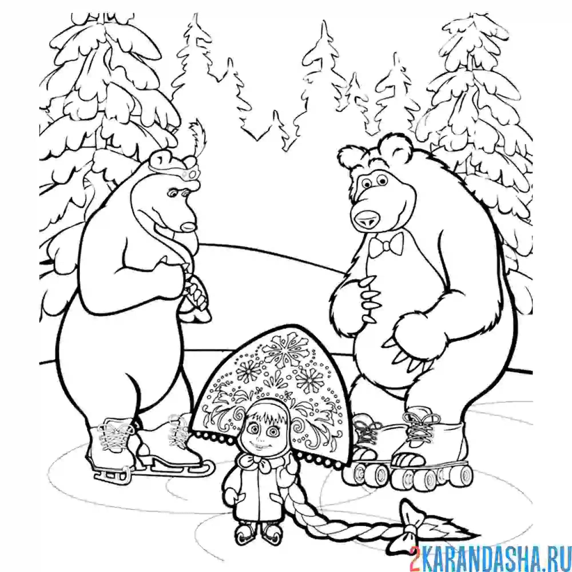 Раскраска маша и медведь на катке