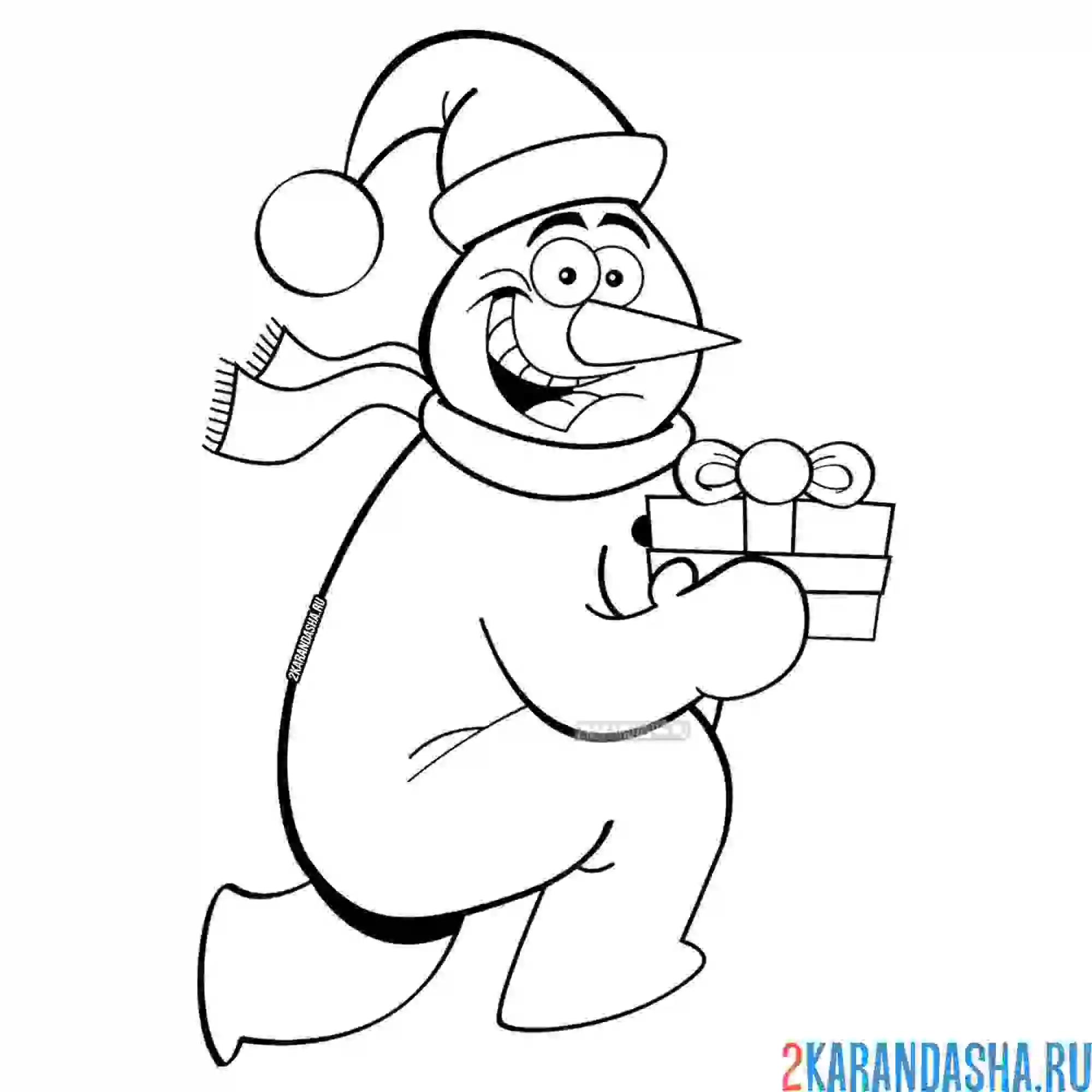 Раскраска снеговик с подарком