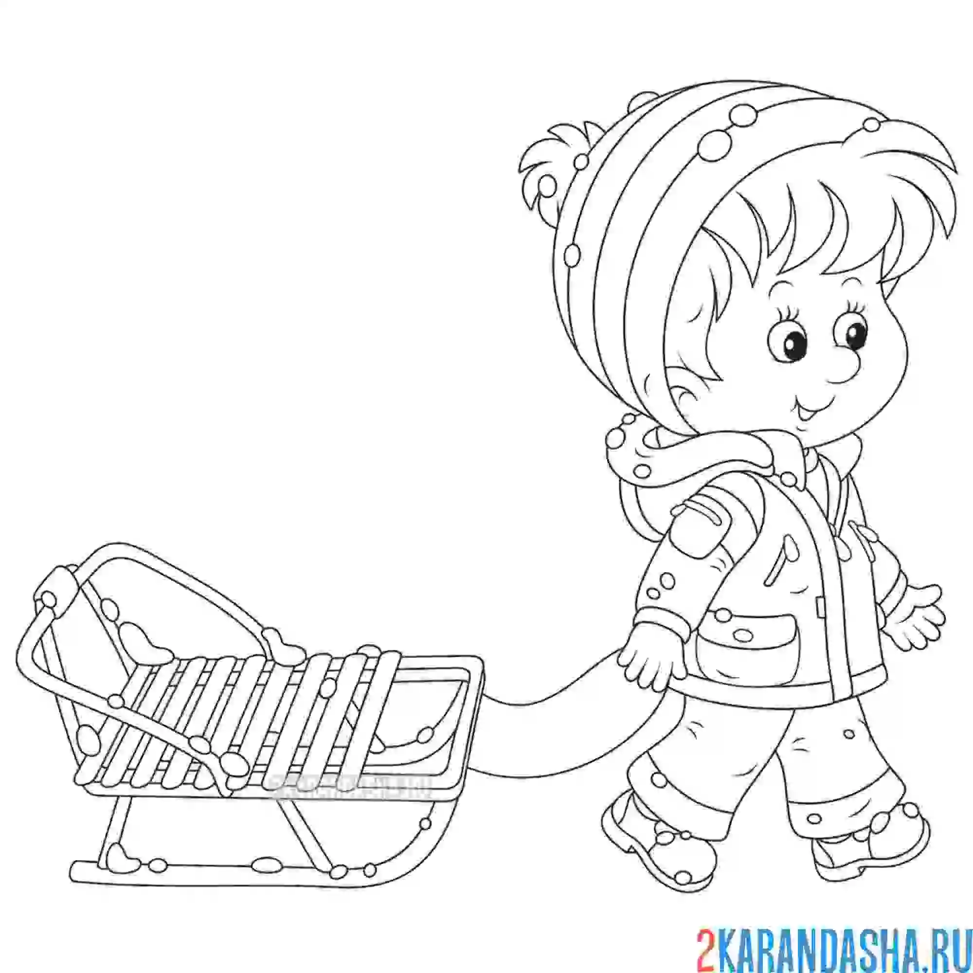 Раскраска зимние забавы катание на санках