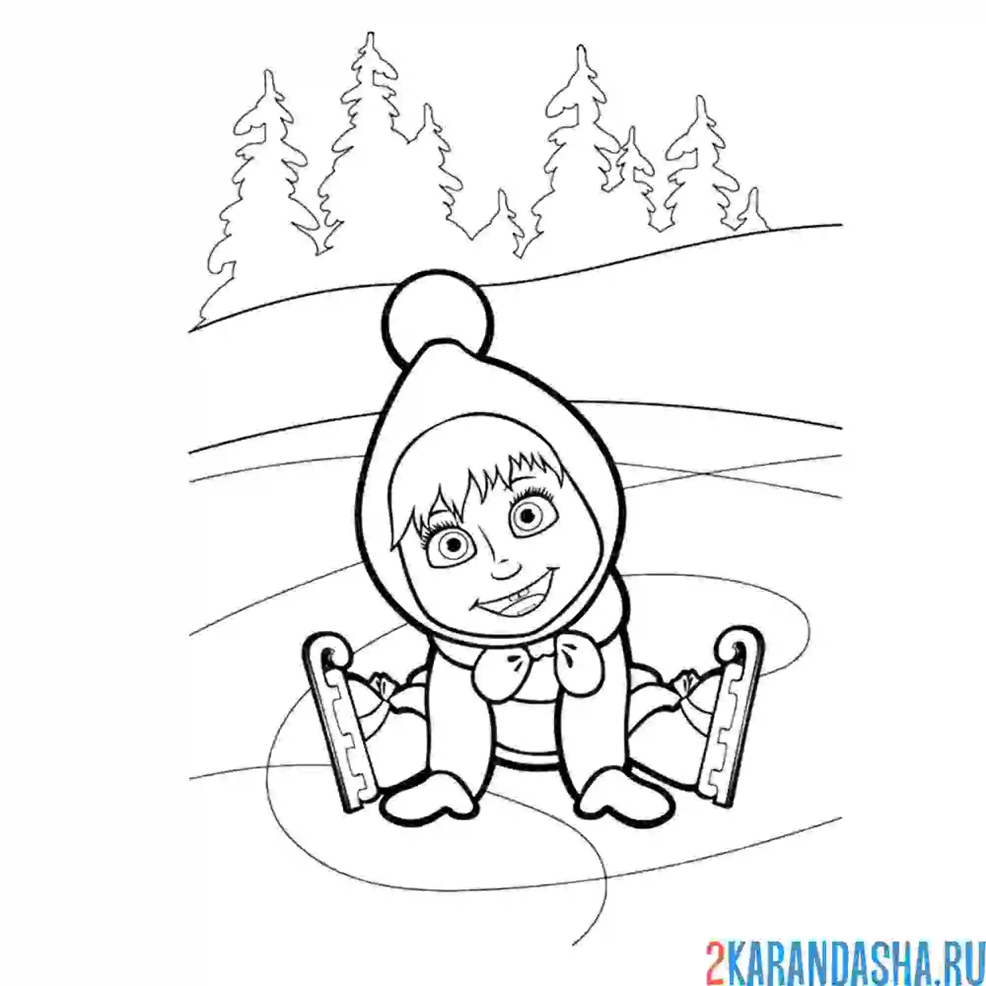 Раскраска маша катается на коньках на льду