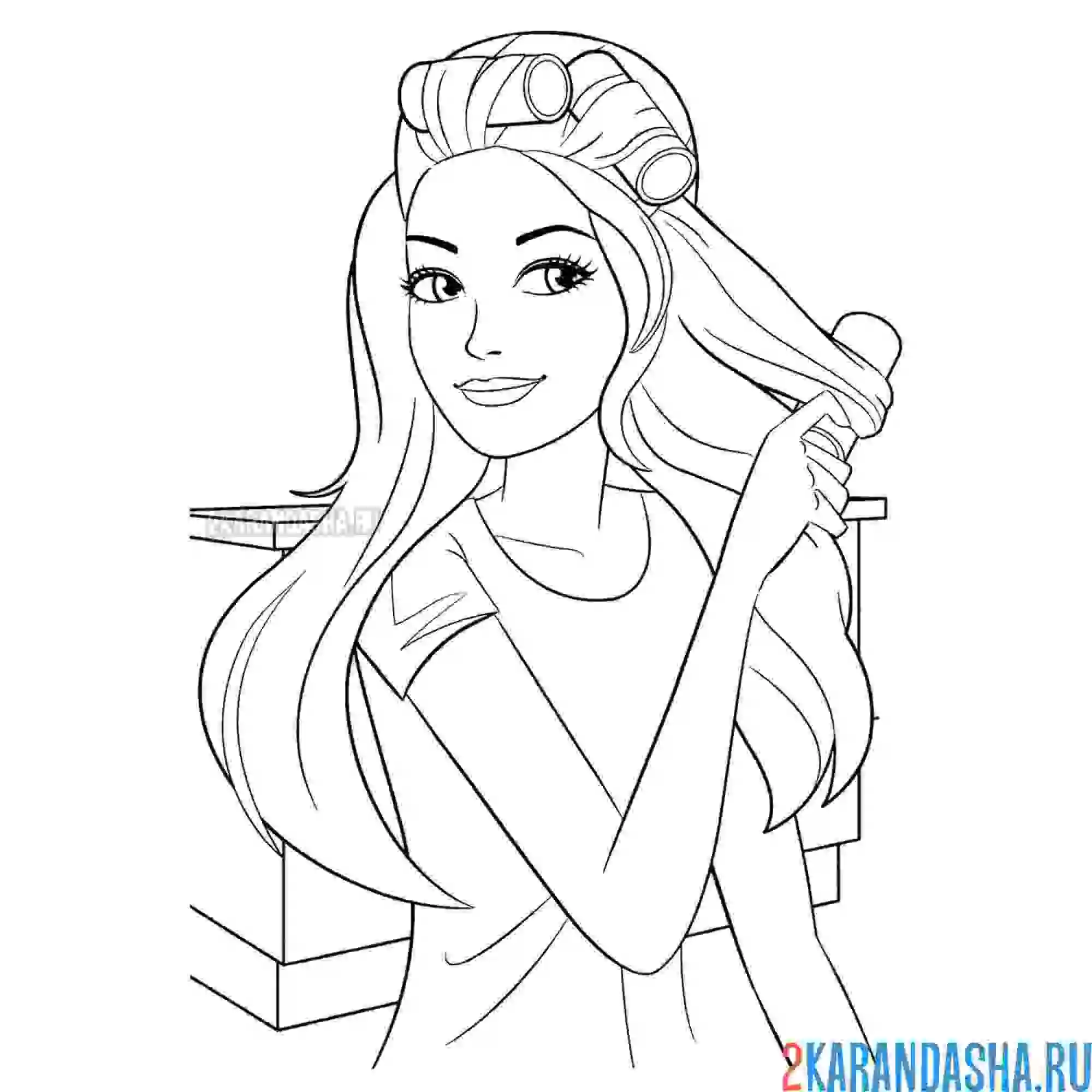 Раскраска кукла барби делает прическу