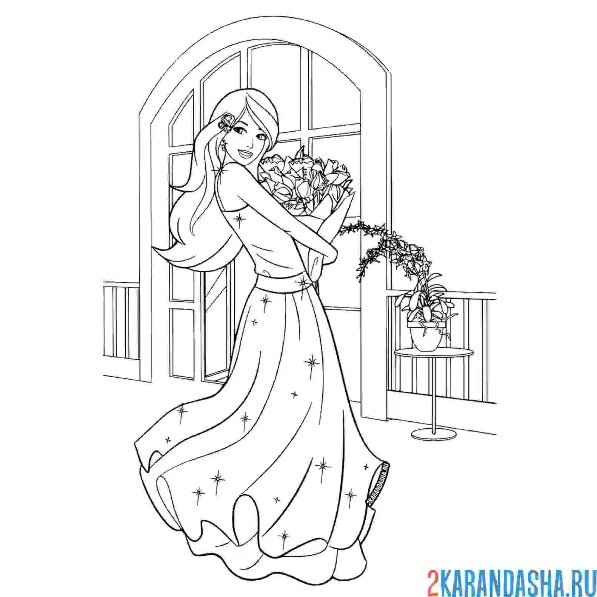 Раскраска barbie с букетом цветов