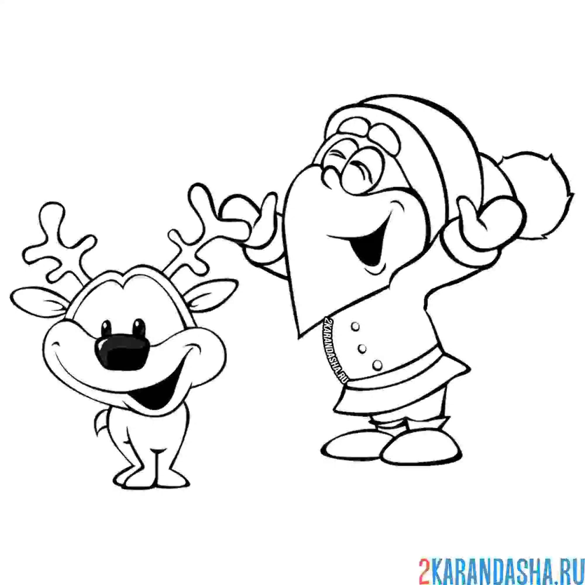 Раскраска новогодний дед мороз и олень