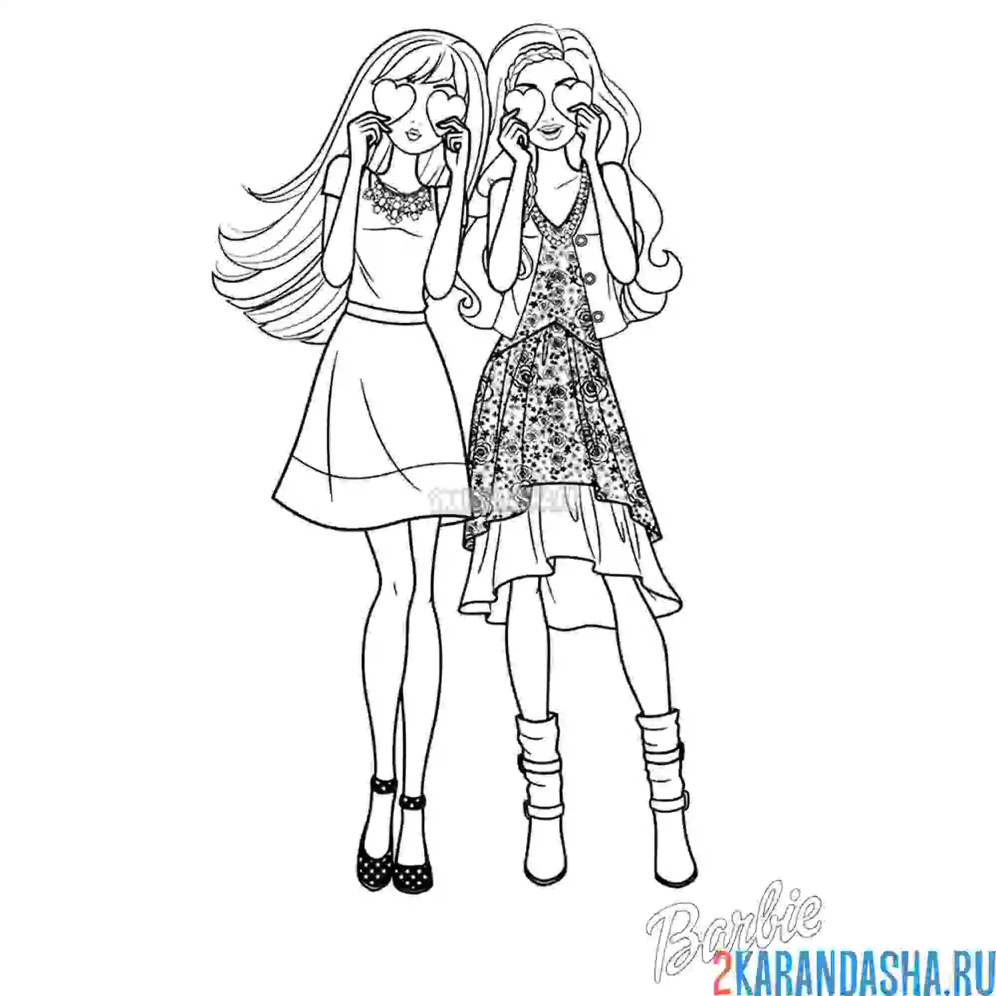 Раскраска куклы барби модные девушки в туфлях и платьях