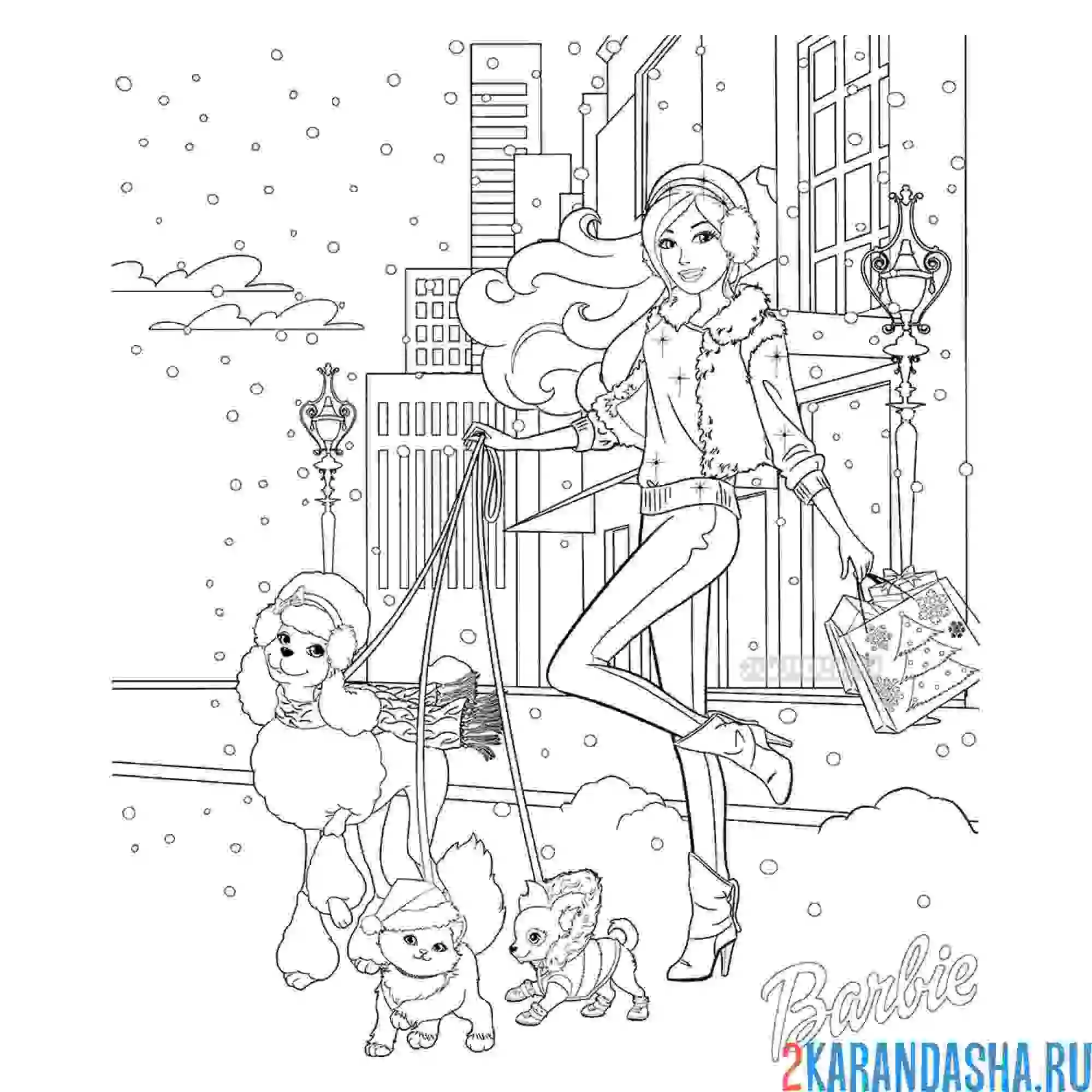 Раскраска барби с новогодними подарками