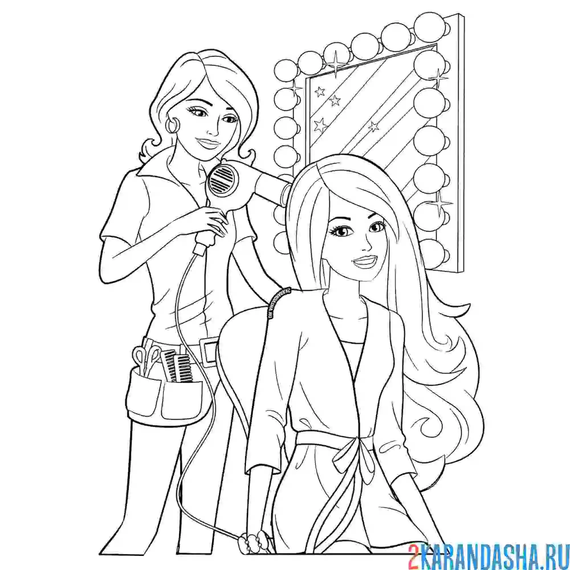 Раскраска кукла барби в салоне делает прическу