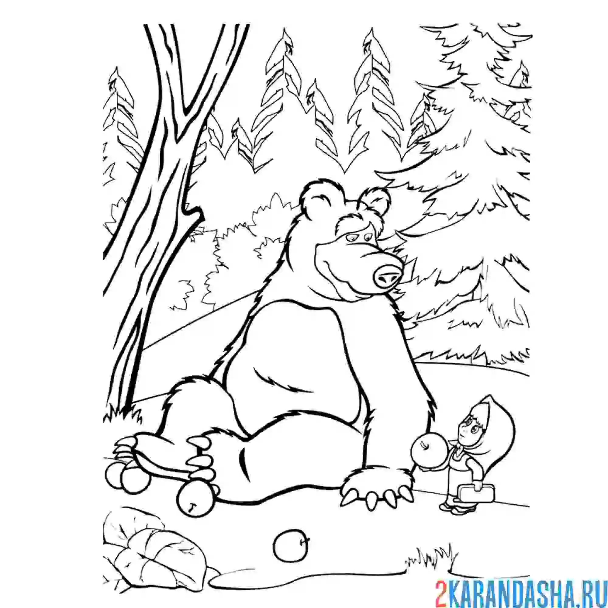 Раскраска маша и медведь гуляют в лесу