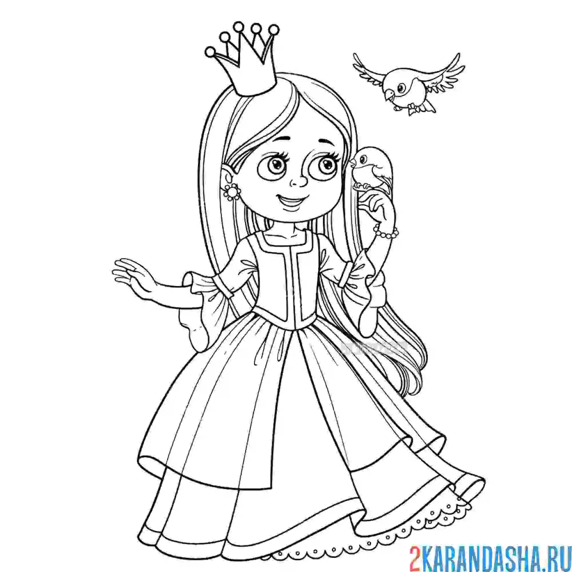 Раскраска принцесса с короной и в красивом платье
