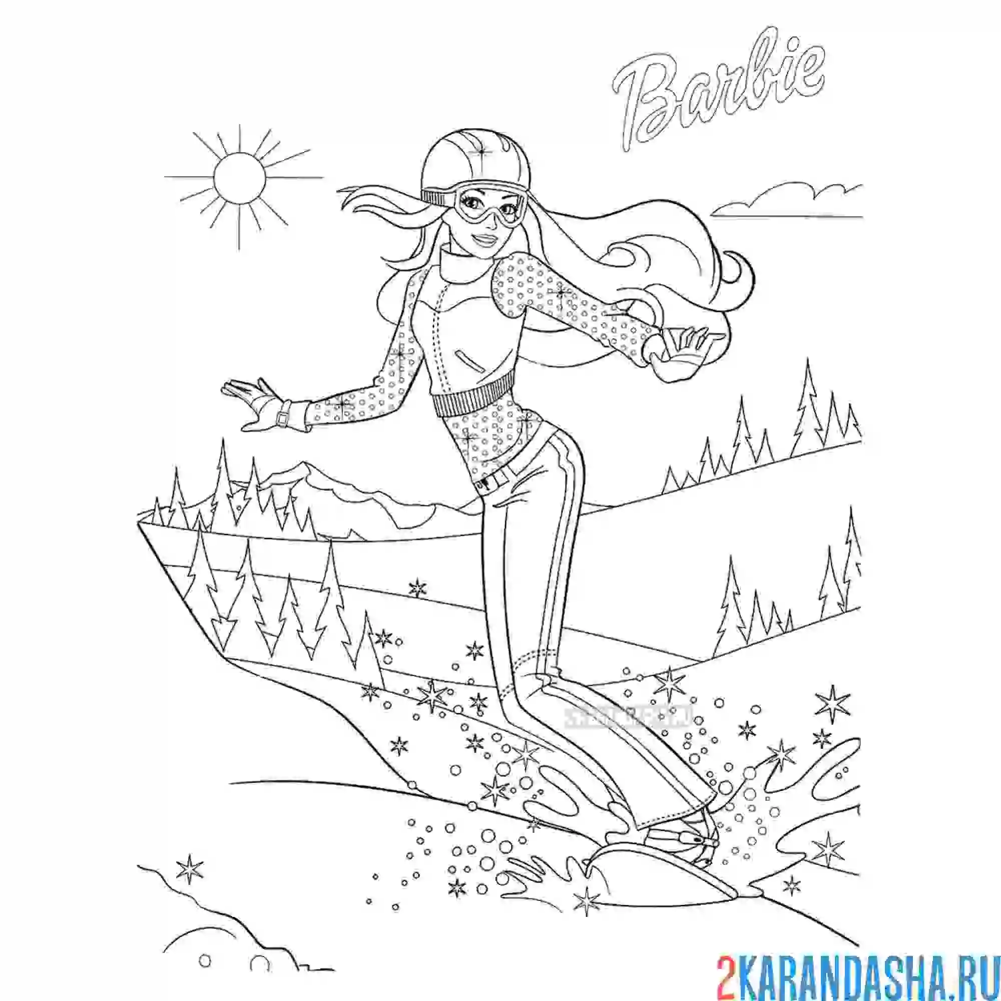 Раскраска barbie сноубордистка зимой