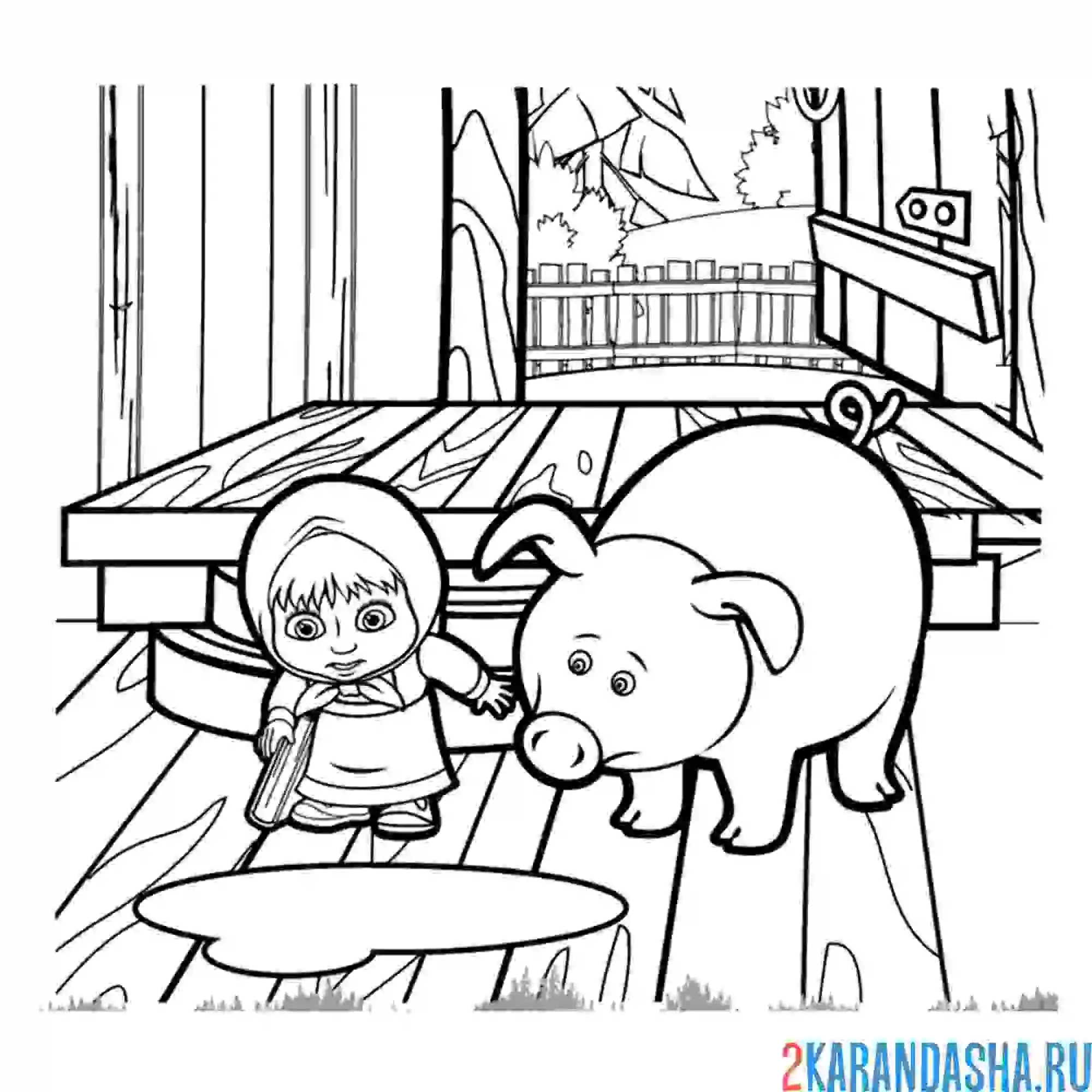 Раскраска маша  со свинкой смотри в лужу