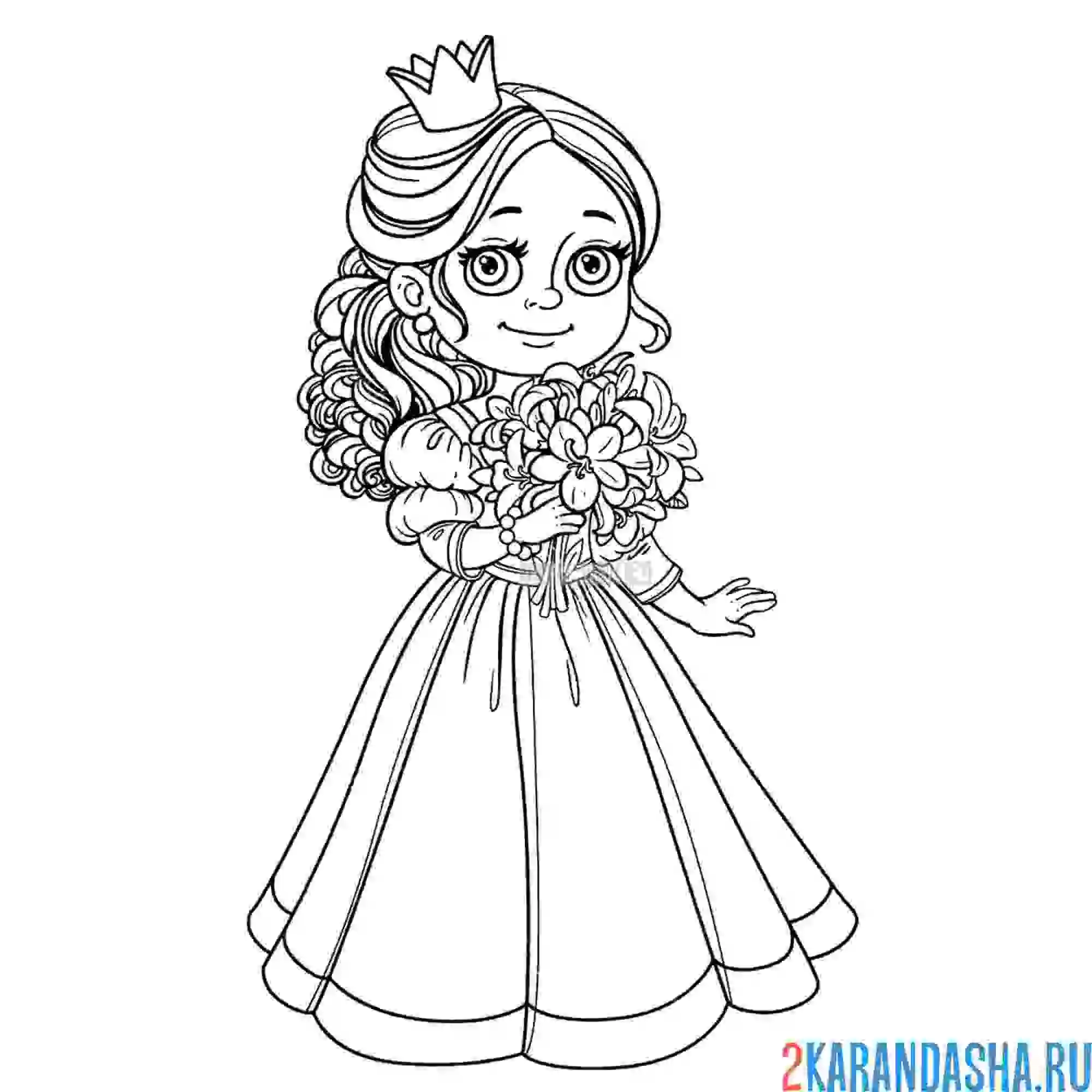 Раскраска маленькая принцесса с букетом