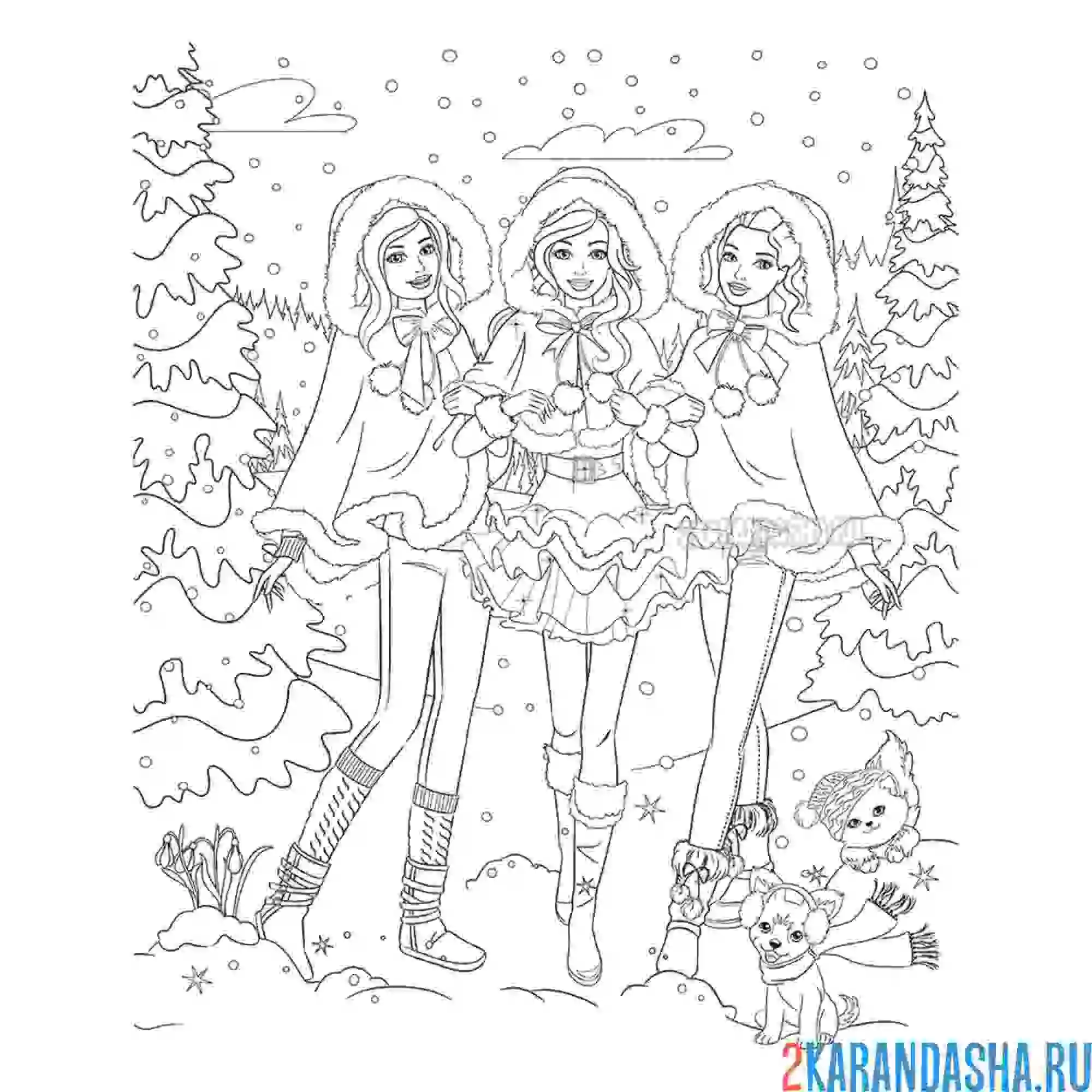 Раскраска барби c подружками в зимнем лесу