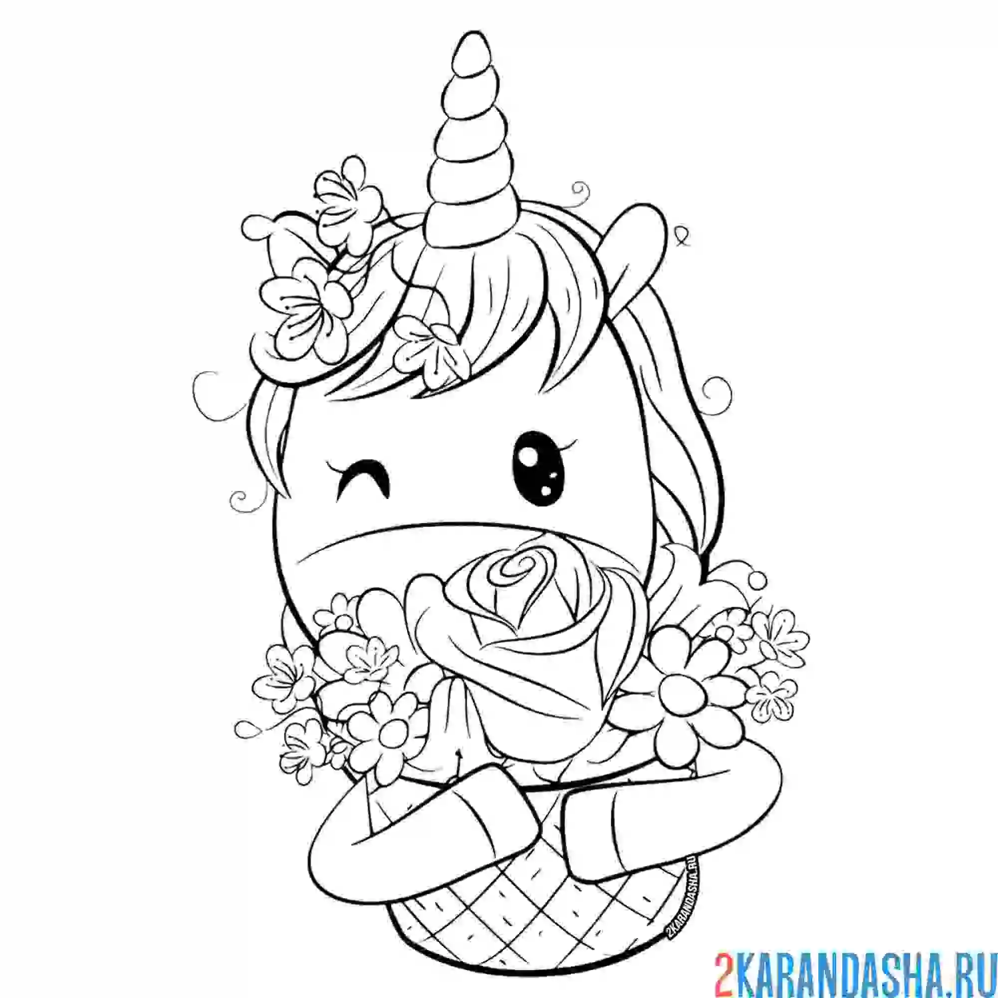 Раскраска милый единорожка с цветами