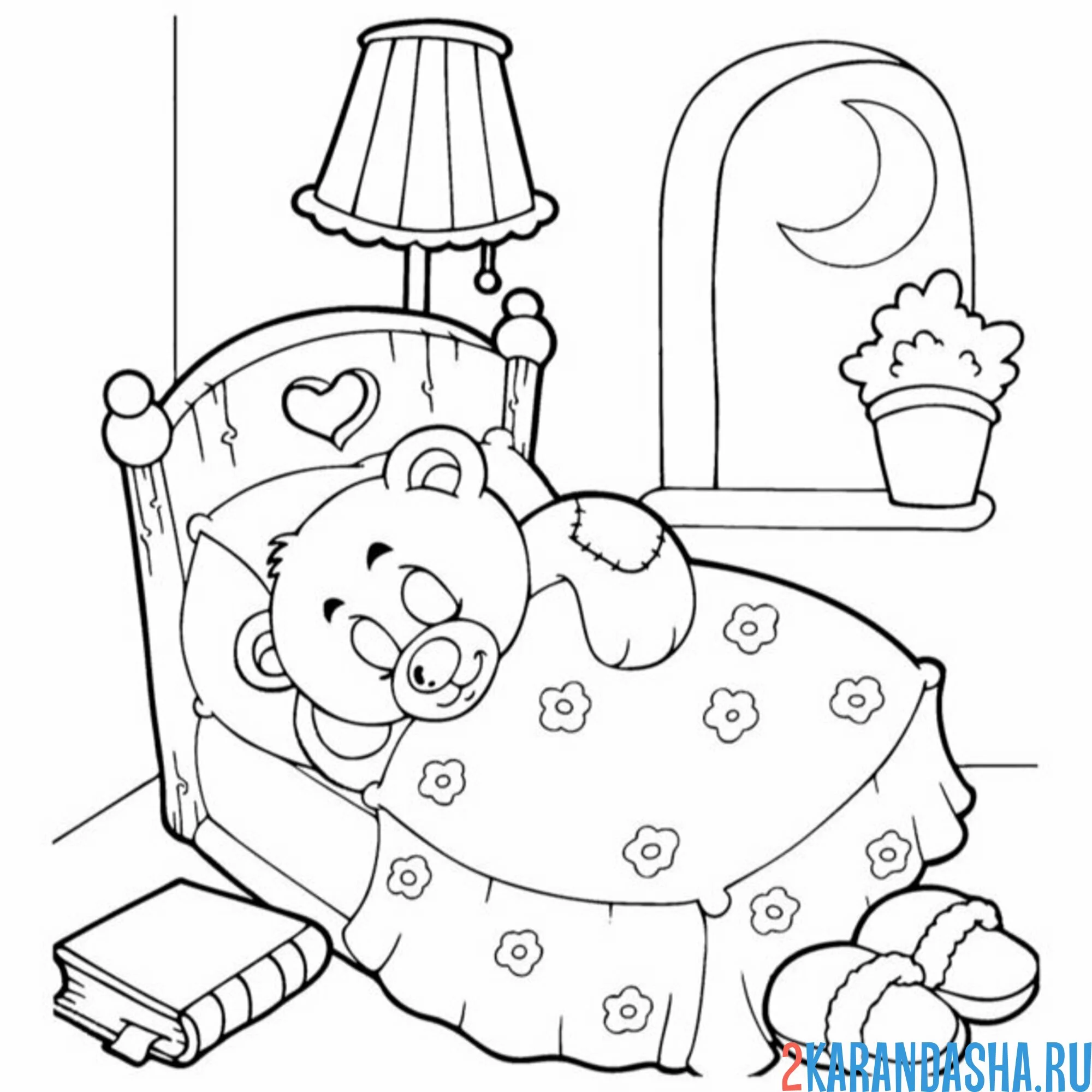 Раскраска мишка спит в кроватке