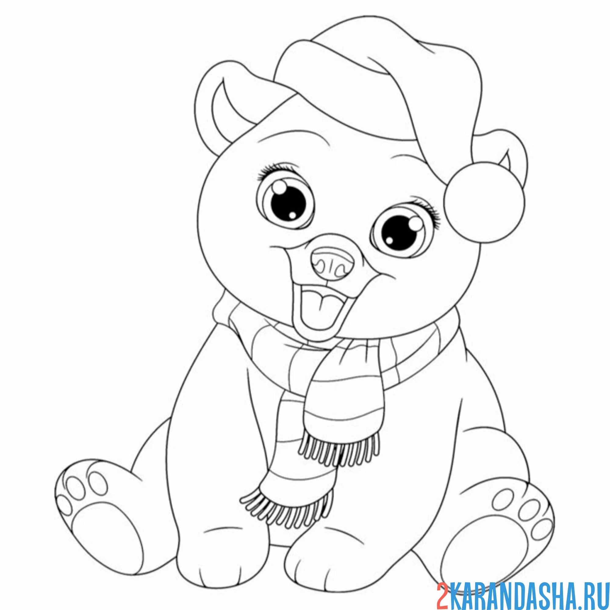 Раскраска красивый медведь в новогодней шапке