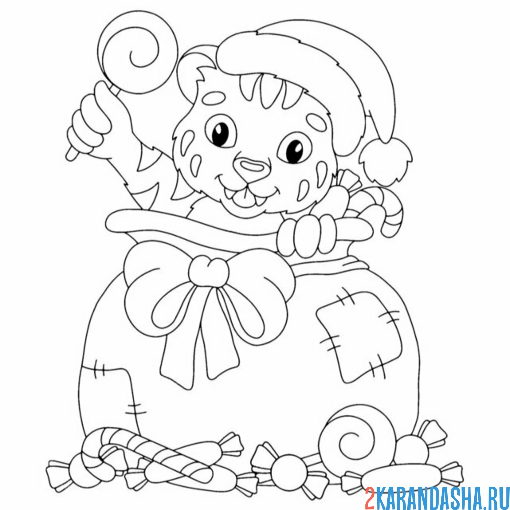 Раскраска тигр в мешке с подарками