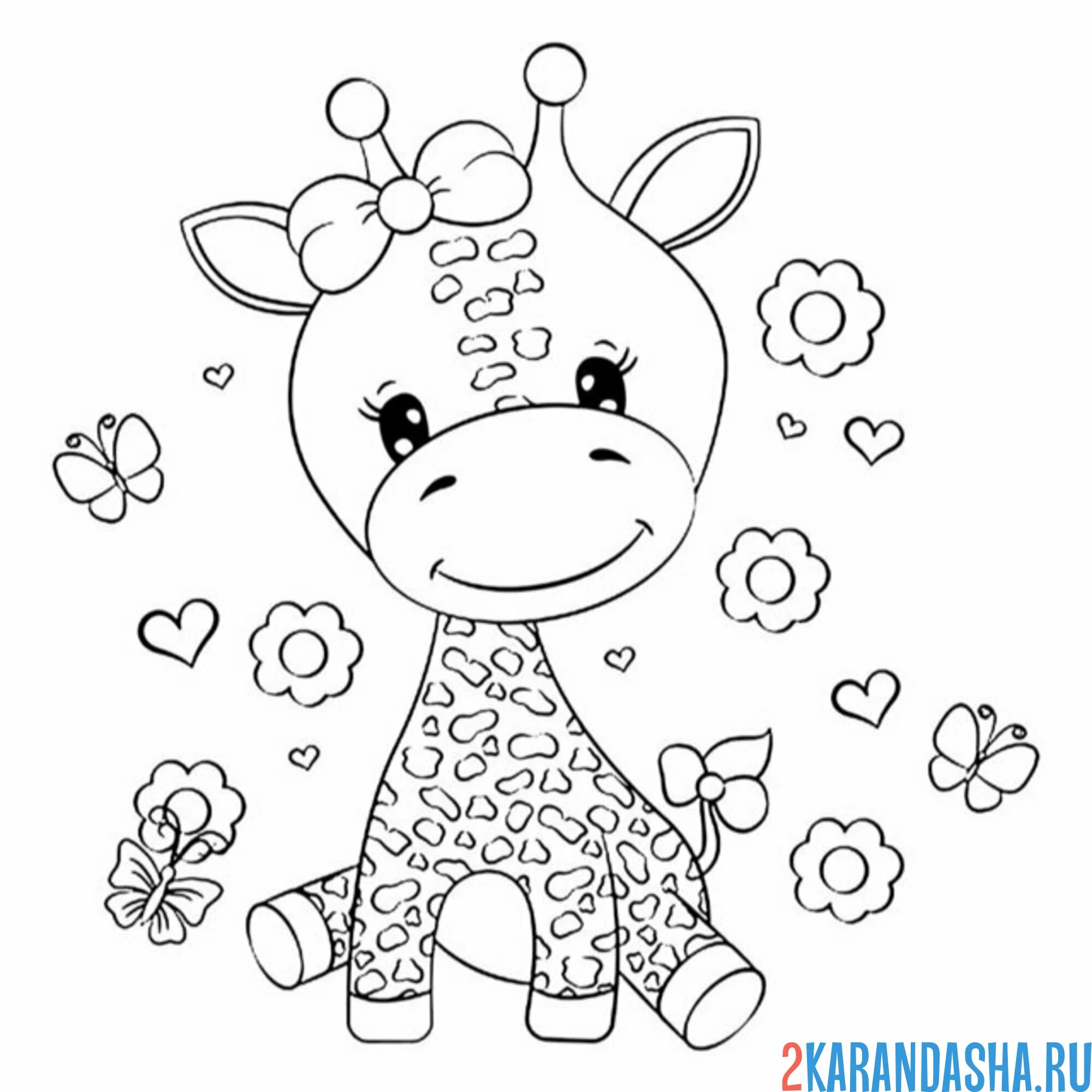Раскраска жираф с цветочками