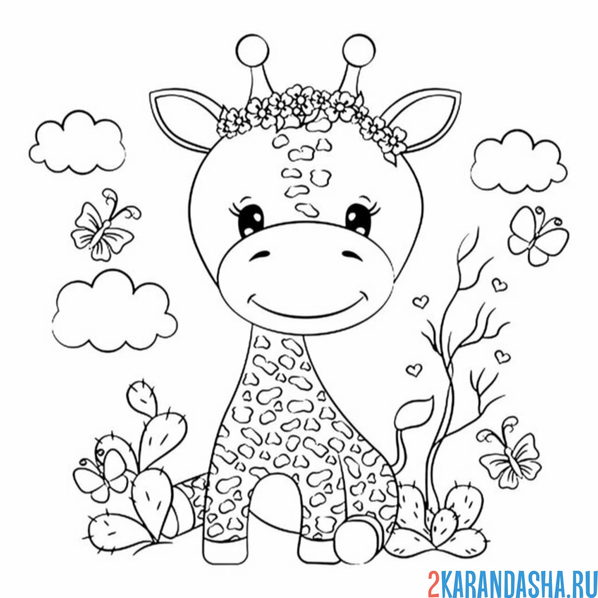 Раскраска жираф в облачках