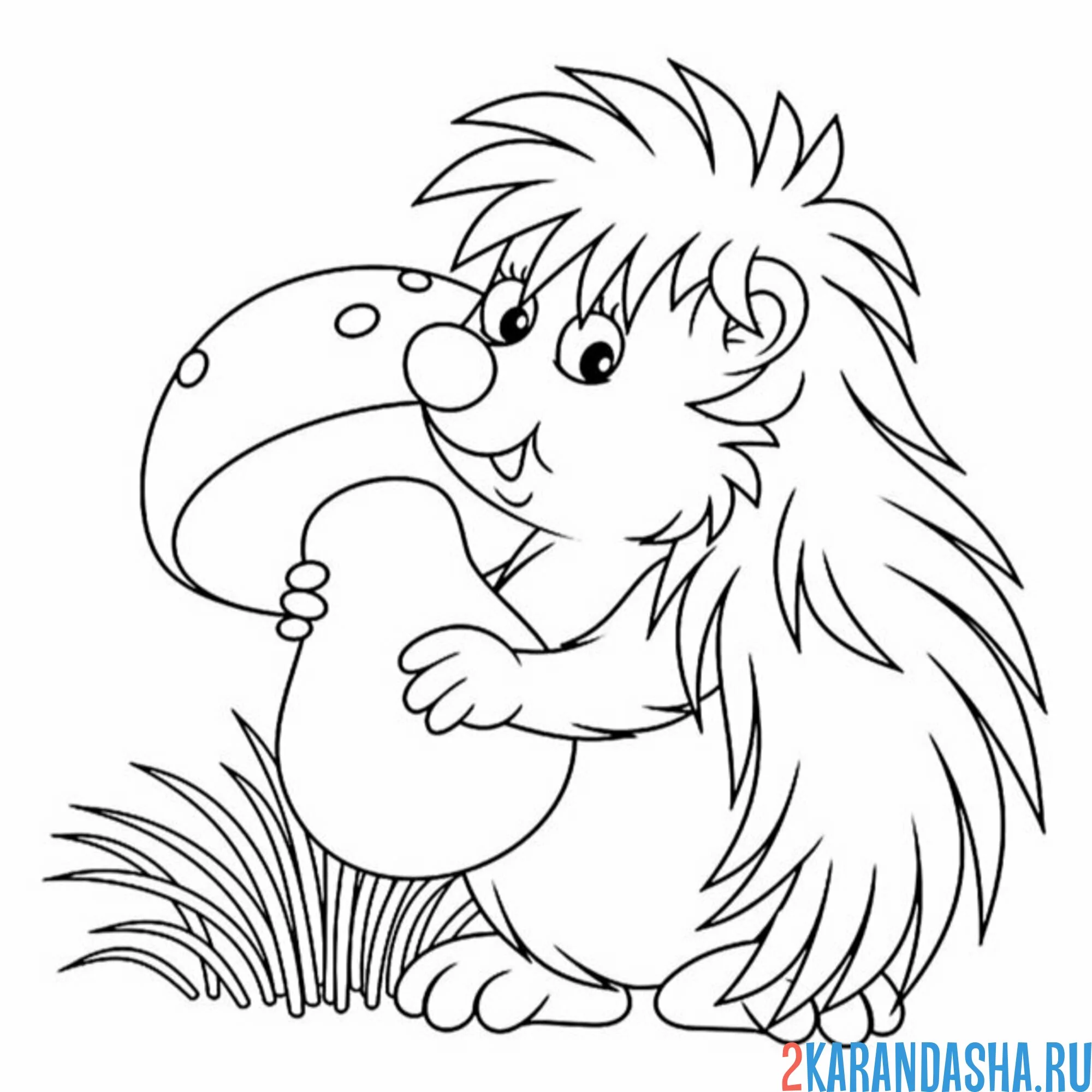 Раскраска довольный ежик с грибом