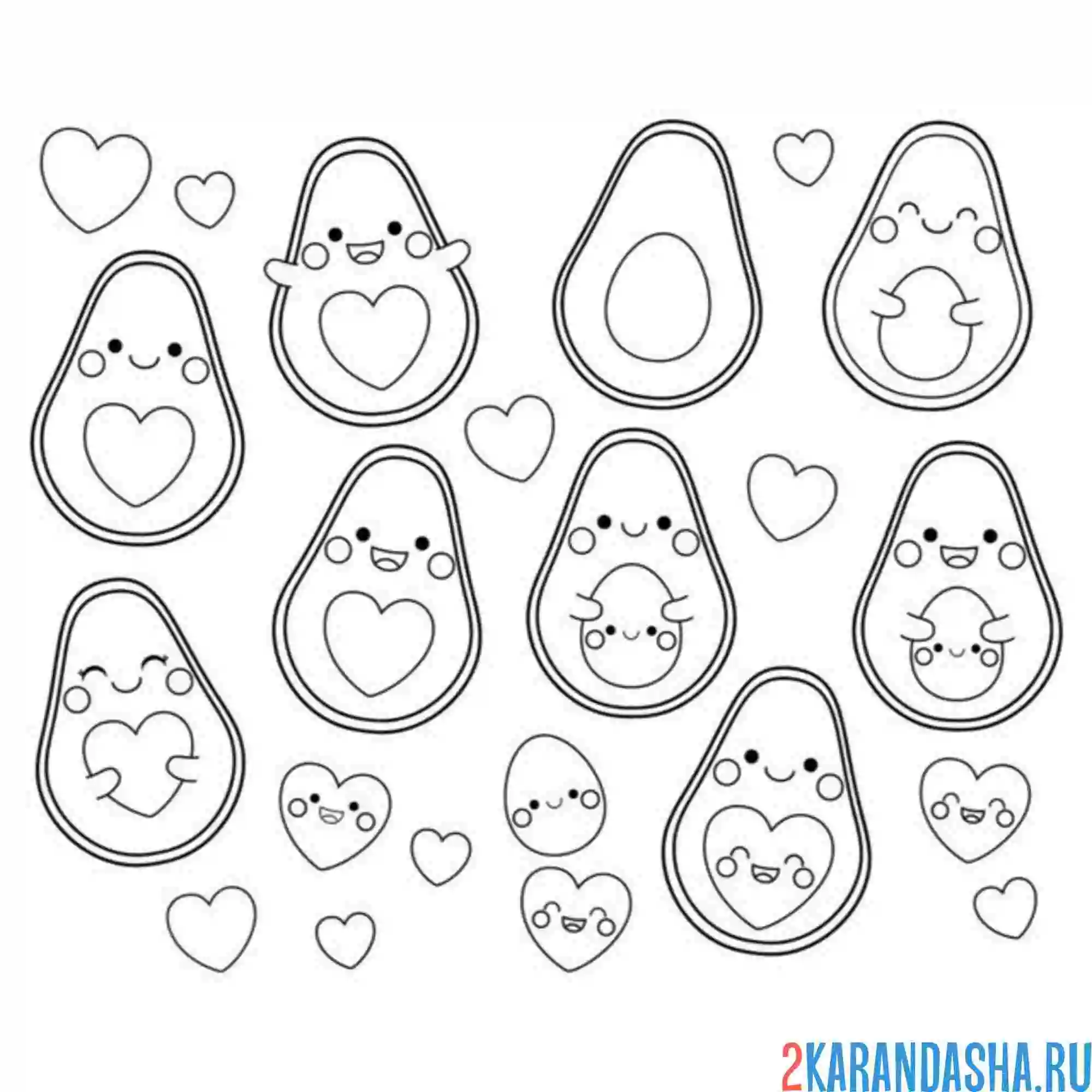 Раскраска много милых авокадо