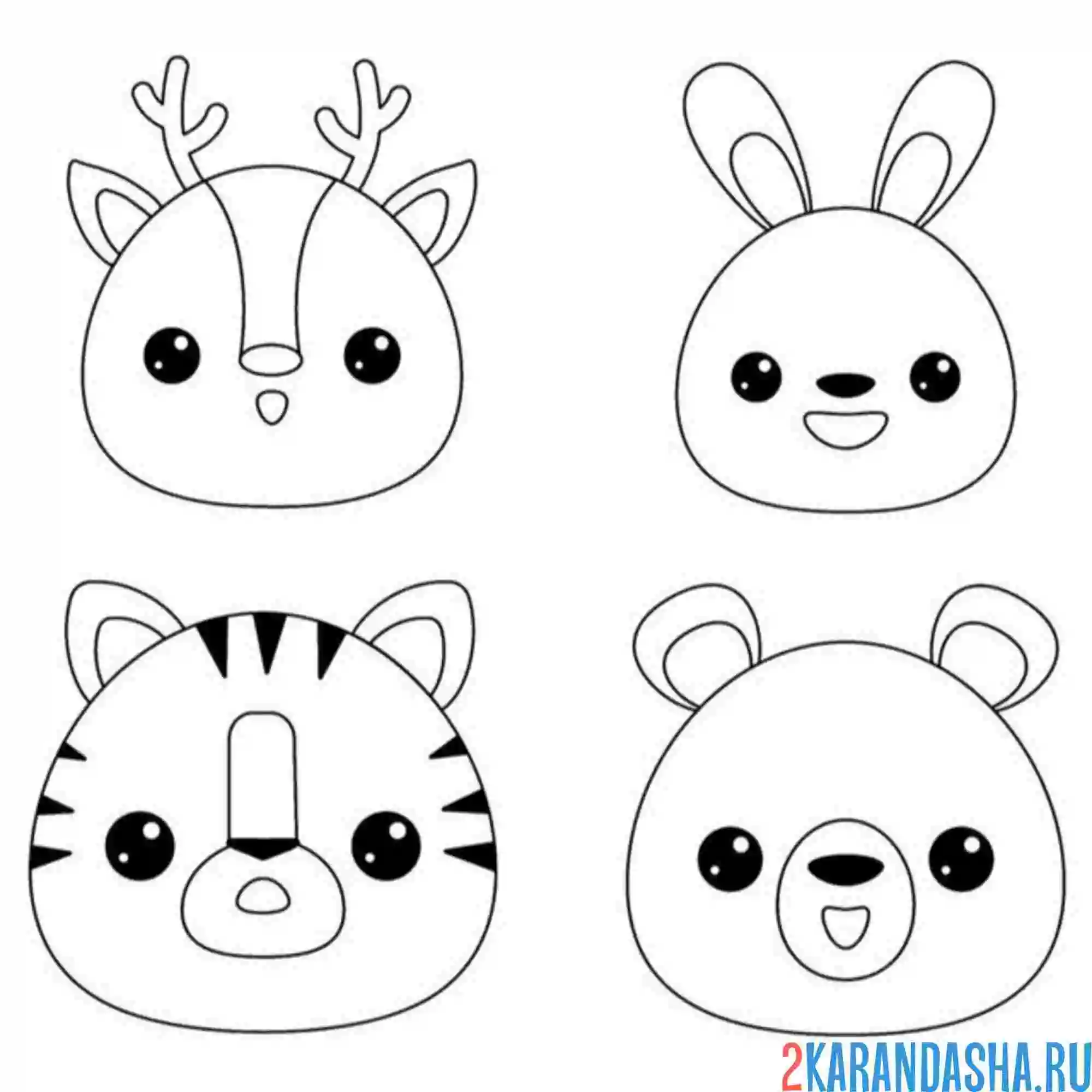 Раскраска мордочки оленя, зайца, тигра и медведя