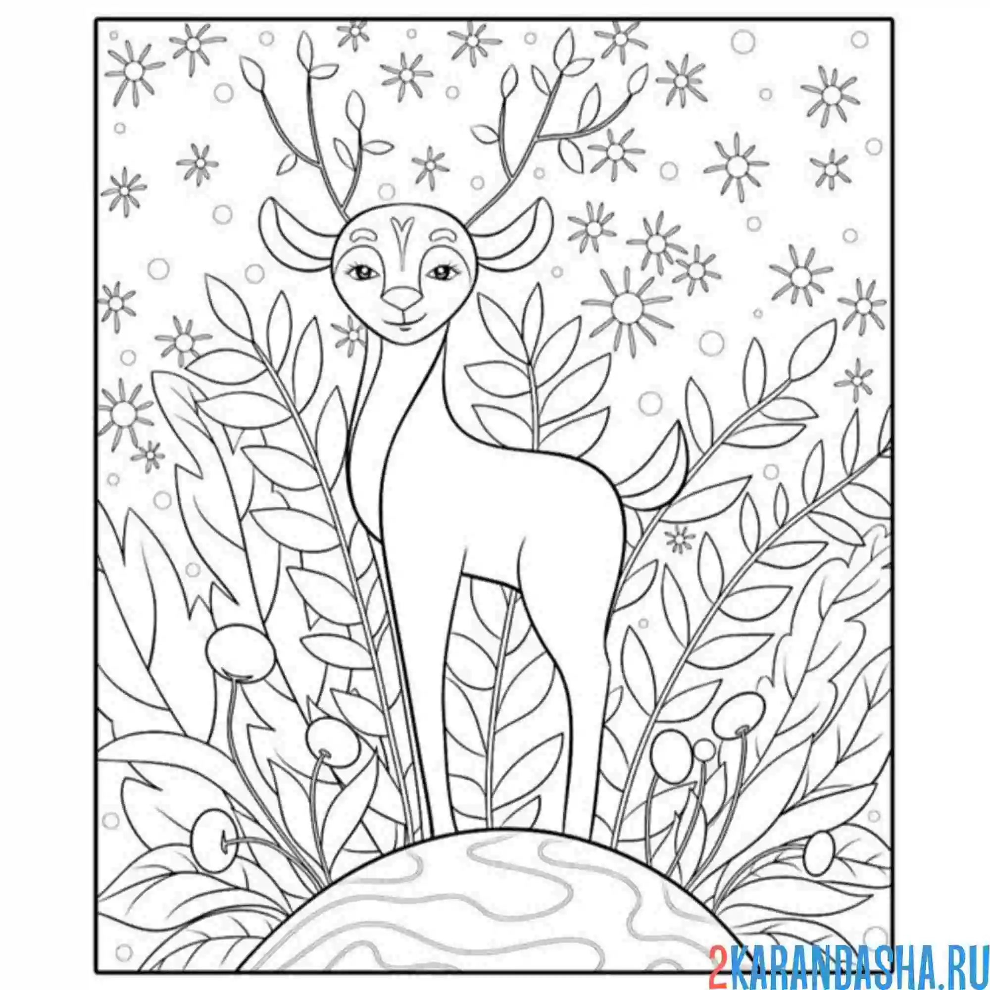 Раскраска олень девочка в лесу