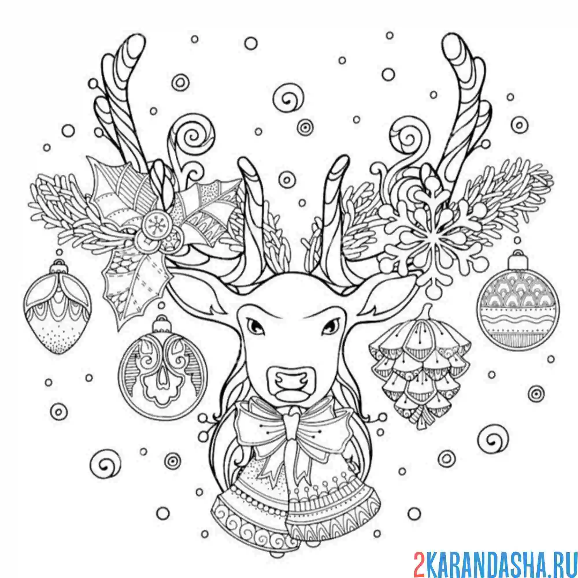 Раскраска новогодний олень в шарах антистресс
