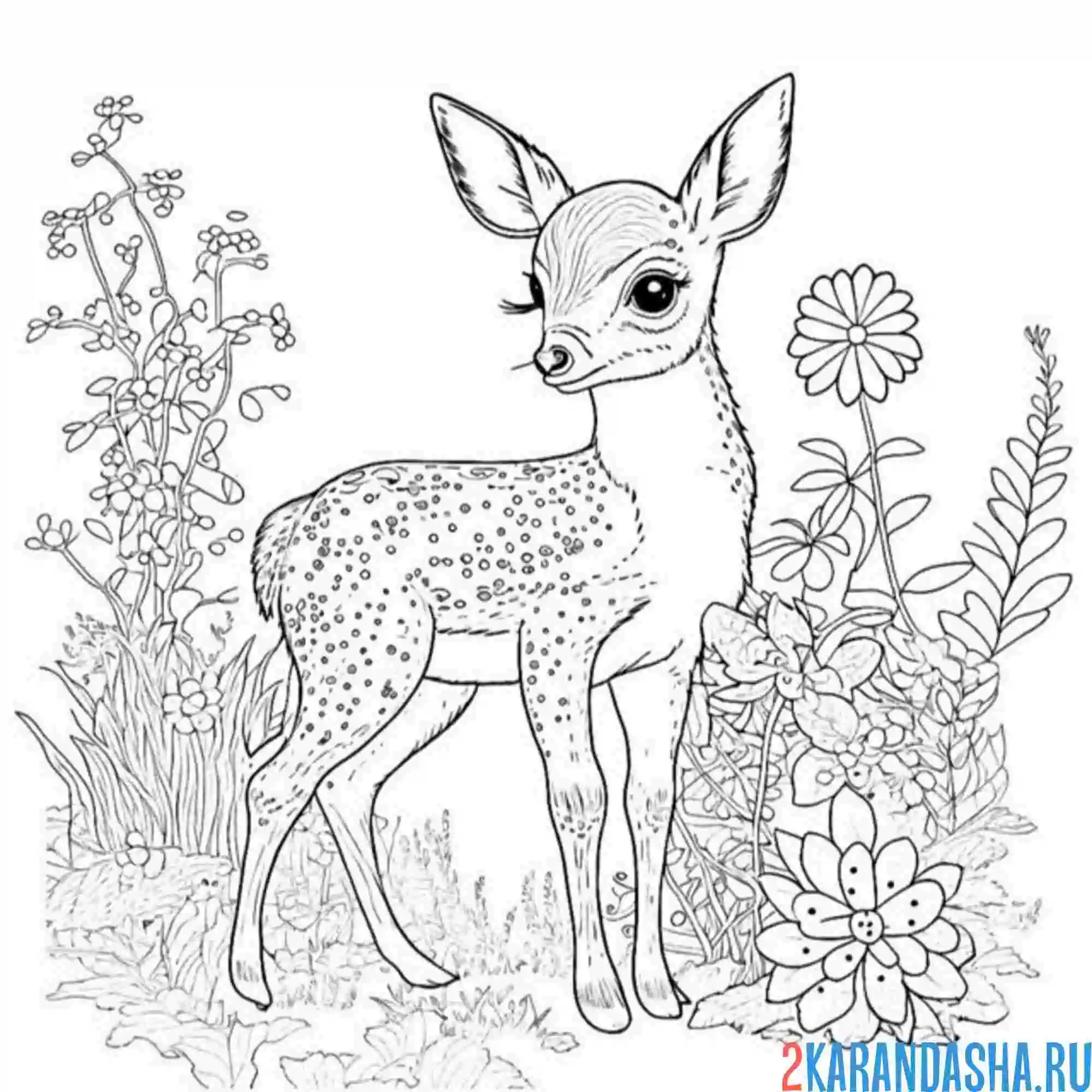 Раскраска олень спрятался в лесу