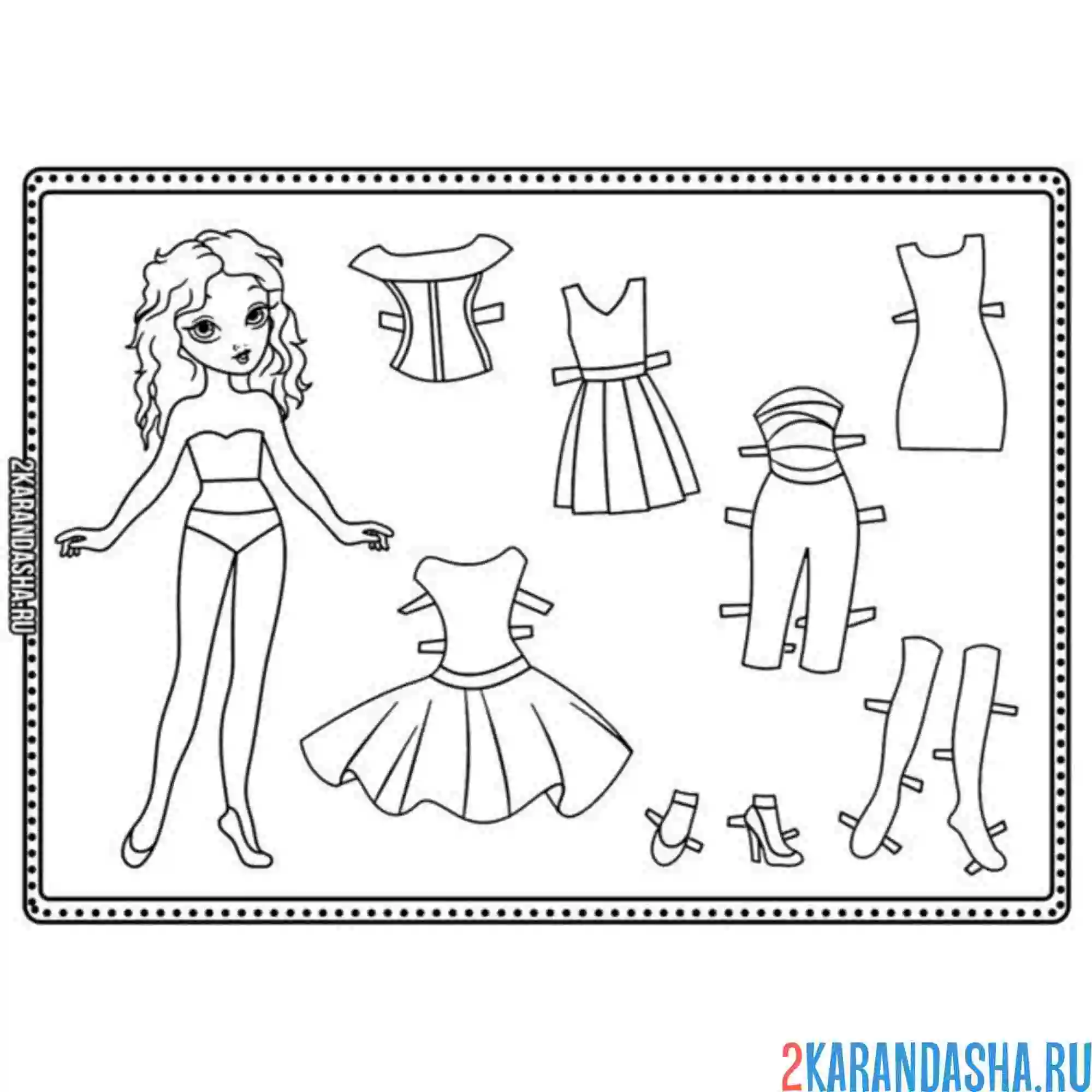 Раскраска кукла из бумаги для вырезания с одеждой