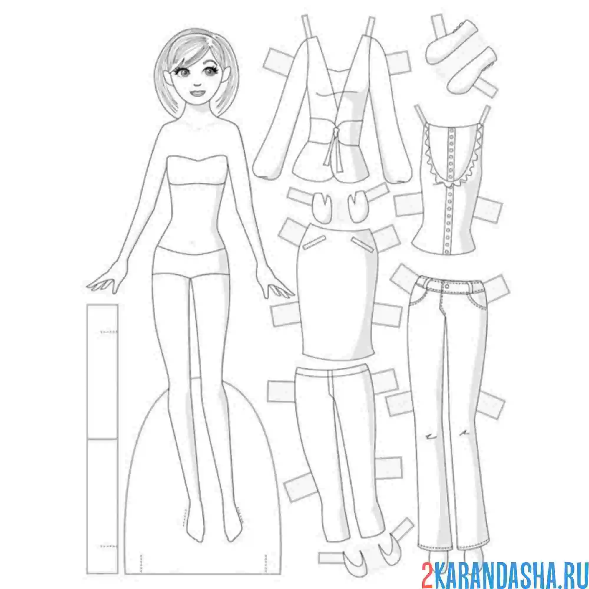 Раскраска кукла из бумаги для вырезания с одеждой наряды