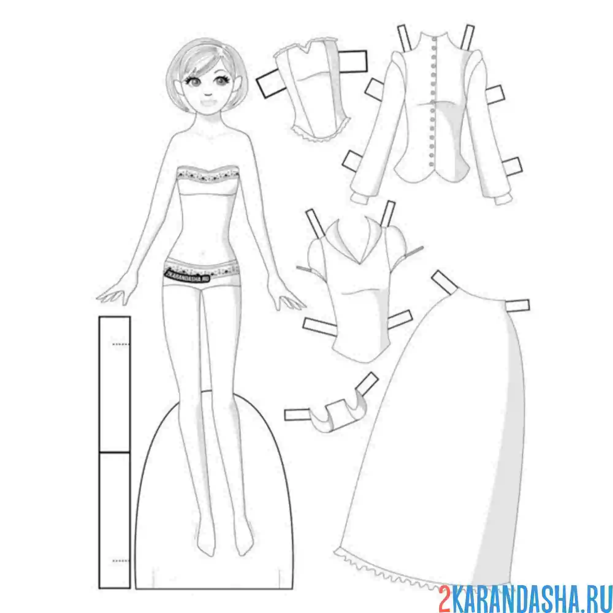 Раскраска кукла из бумаги для вырезания с разнообразной одеждой