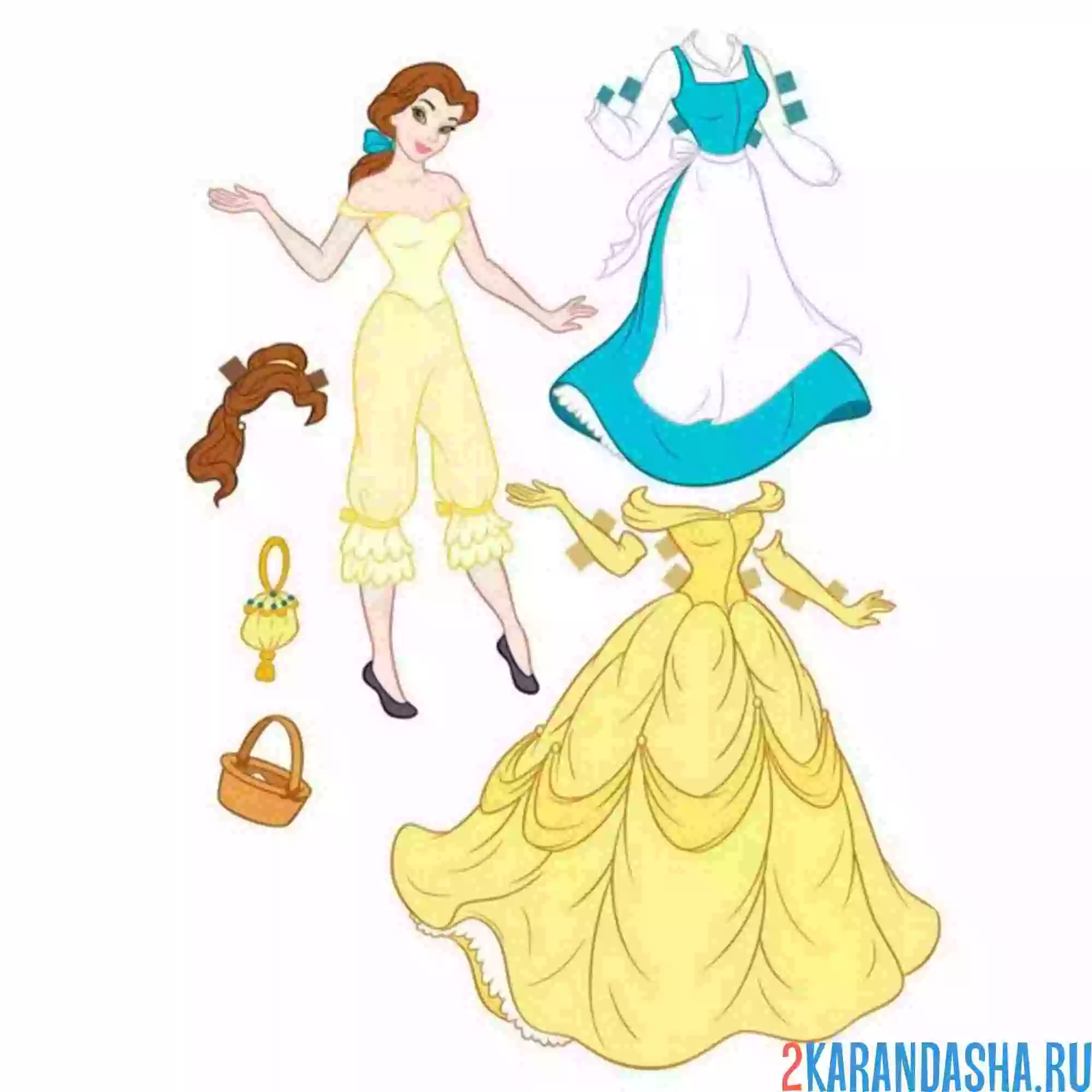 Раскраска принцесса бель бумажная кукла с одеждой